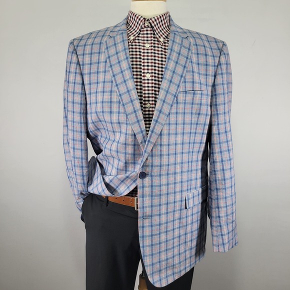 Tommy Hilfiger Men's Sport Coat Blazer‎ Multicolor Plaid Cotton Linen Size 46L
